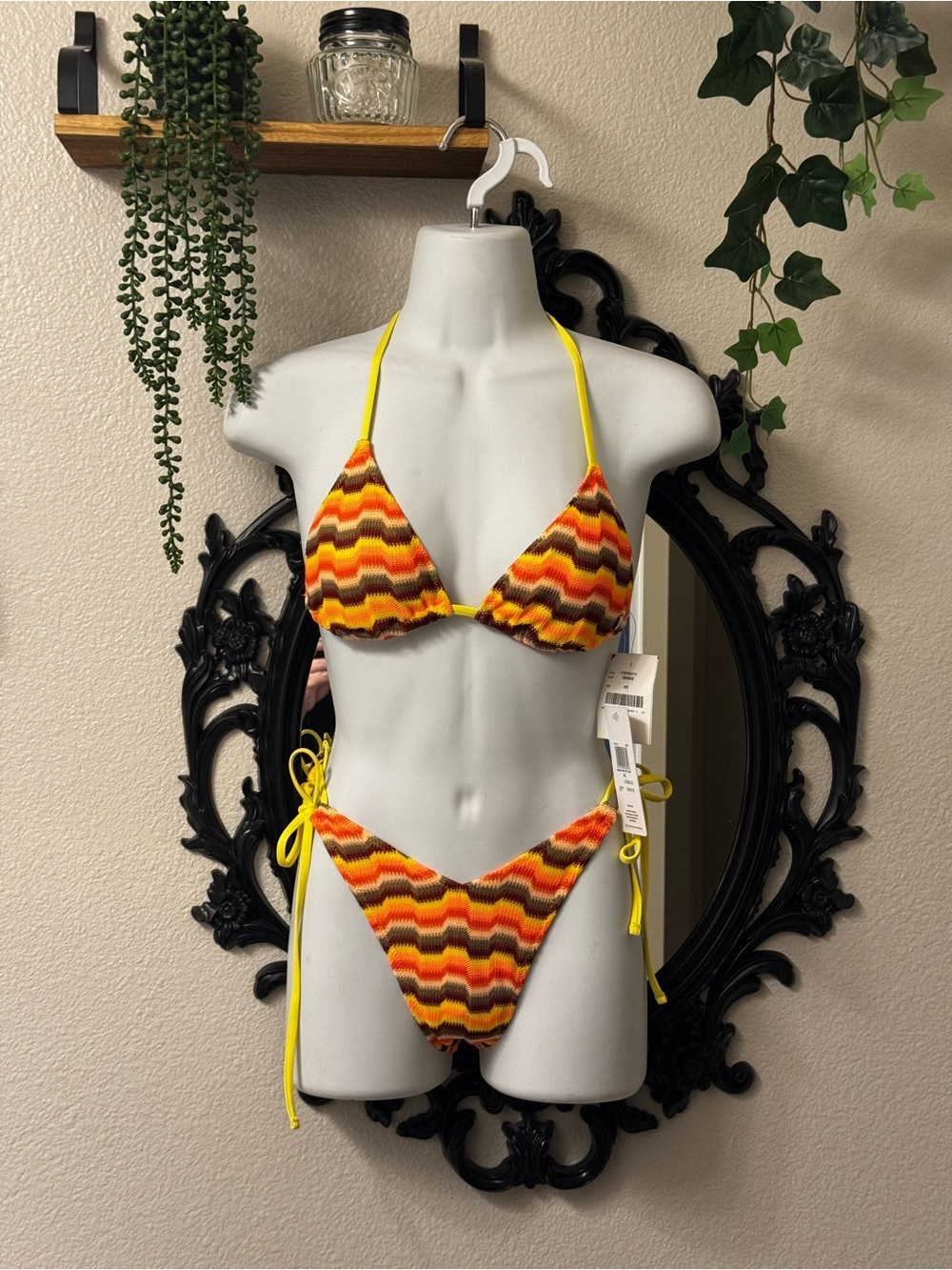 Hurley Yellow and Orange Zigzag Tie-Side Bikini